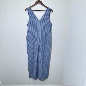 BeachLunchLounge Blue and White Striped Linen Blend Cropped Jumpsuit Size M
